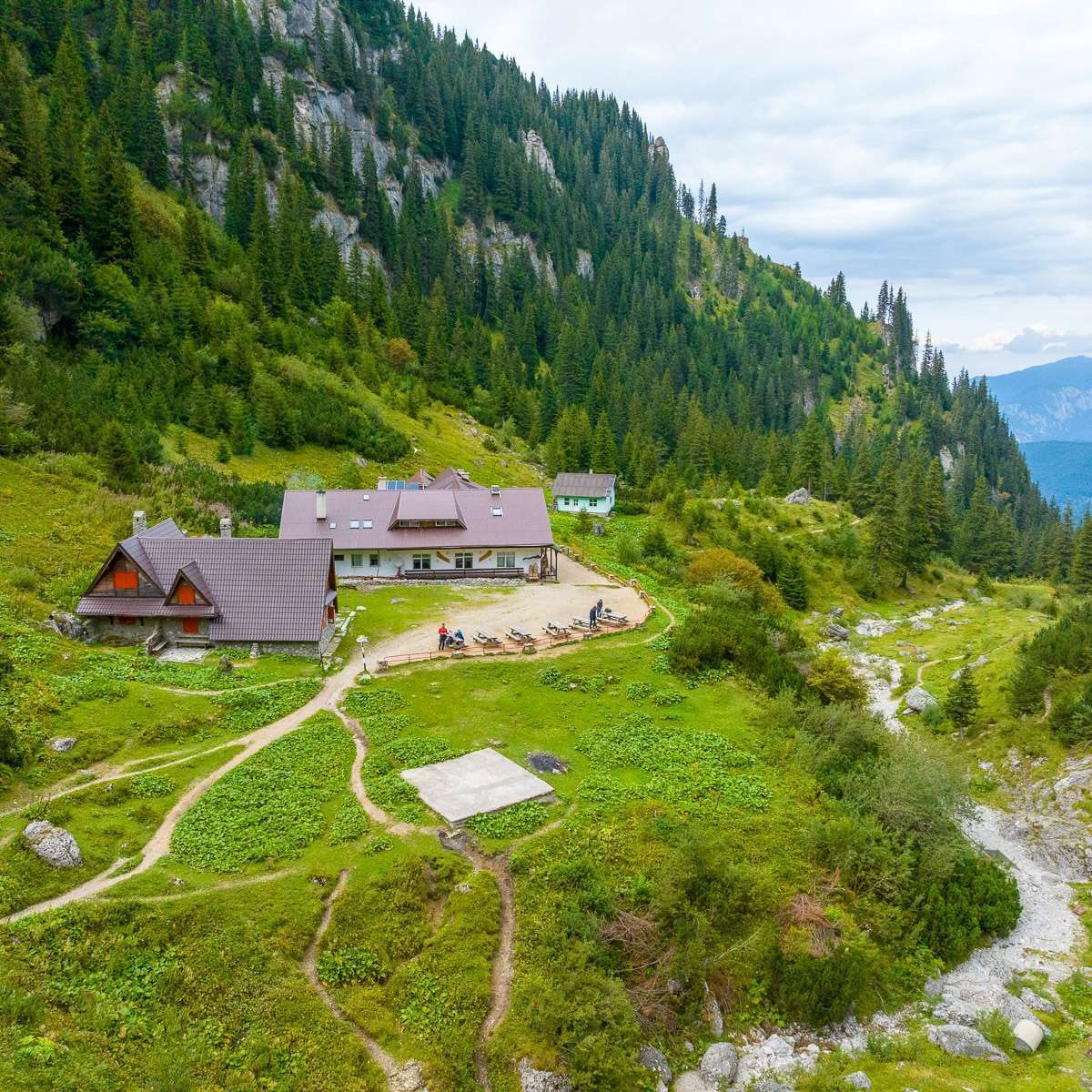 Cabana Mălăiești vara, înconjurată de pajiști verzi, brazi și poteci